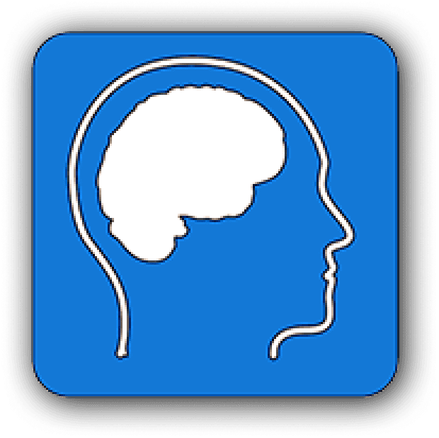 Disability icon for mental and sensory disability.  A white outline of a human head and brain on a blue background.
