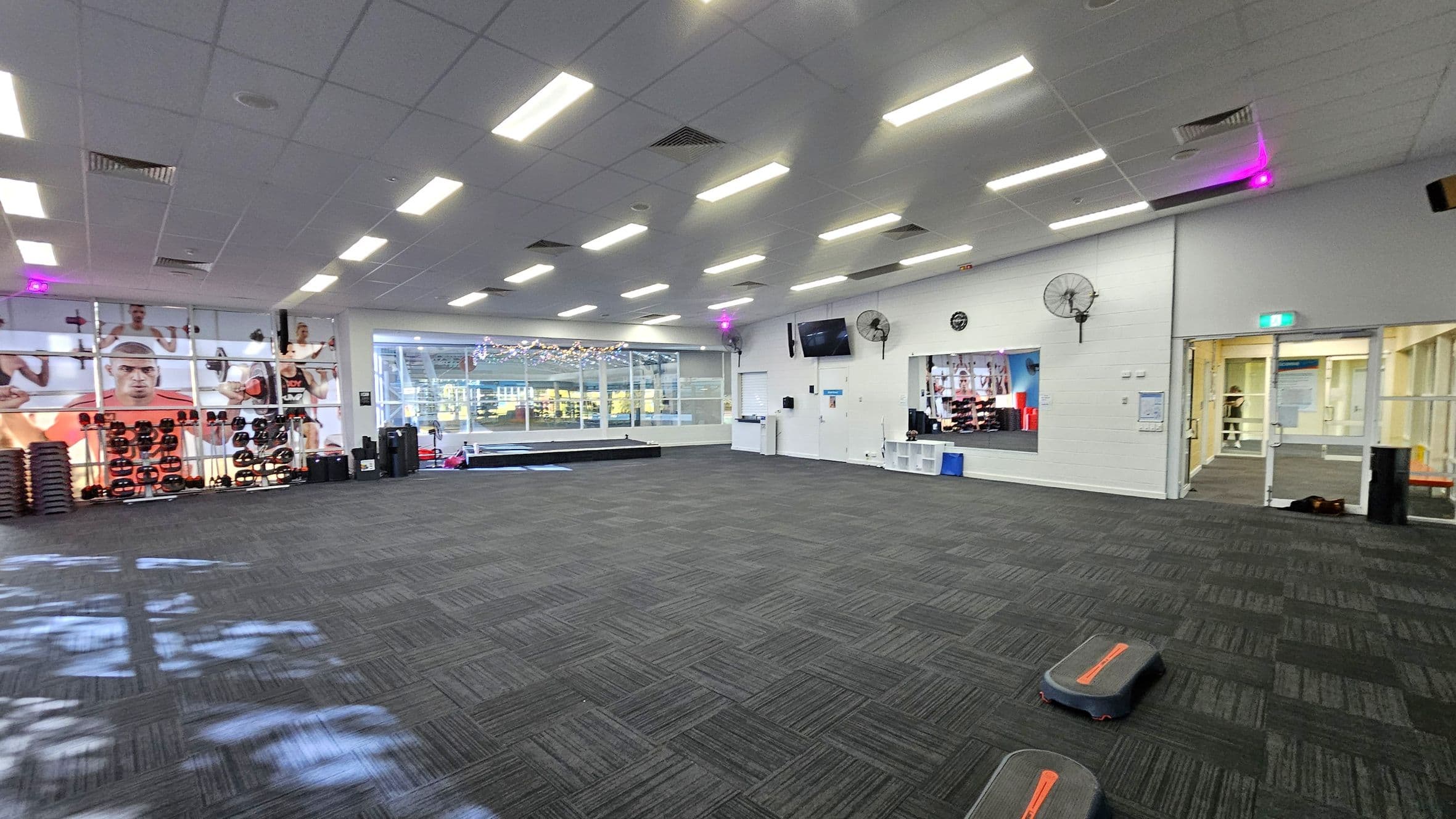A spacious gym room with a dark carpeted floor. On the left, there are shelves with weights and a large wall mural of people exercising. The back wall features large windows with a view of an outdoor area, decorated with string lights. On the right, a wall-mounted TV, fans, and a mirror are visible. There are exercise steps on the floor. The ceiling is lined with fluorescent lights. A glass door on the right leads to another area.